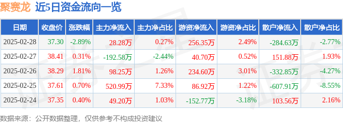 股票行情快报：聚赛龙（301131）2月28日主力资金净买入28万元(图1)